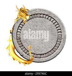 Vintage information board with oriental dragon. Golden dragon and round ancient stone frame with floral ornaments. Object isolated on white background Stock Photo