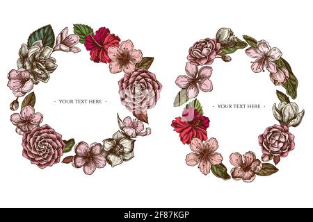 Floral Wreath of colored hibiscus, plum flowers, peach flowers, sakura flowers, magnolia flowers, camellia japonica Stock Vector