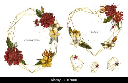 Golden frame with plumeria, allamanda, clerodendrum, champak, etlingera, ixora Stock Vector