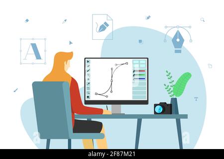 Woman graphic designer sits working at computer in workplace. Female creative specialist freelancer or advertising agency studio employee develops design layout on monitor screen. Vector illustration Stock Vector