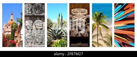 Collection of vertical banners with famous landmarks of Mexico. Aztec goddess of death Coatlicue, Archangel church Dome Steeple in San Miguel de Allen Stock Photo
