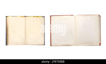 Two old open books with empty pages. Opened vintage book with blank page. Isolated on white background. Mock up template. Copy space for text Stock Photo