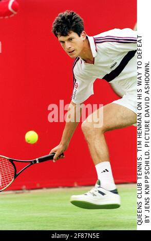 Tim Henman Tennis player of Great Britain who comes from Weston on the Green in Oxfordshire is pictured during the Stella Artois Tennis Championships at The Queens Club in London where he was defeated but still managed a sedding of 14th in the Wimbledon Tennis Championships 1997 Stock Photo