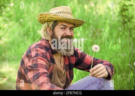 Mental Health. Peaceful Guy Blowing Dandelion. Happy And Carefree Life.  Peace Of Mind. Rest And Relax. Make Wish. Peaceful Man In Straw Summer Hat.  Bearded Man Blowing Dandelion Seeds In Park Stock