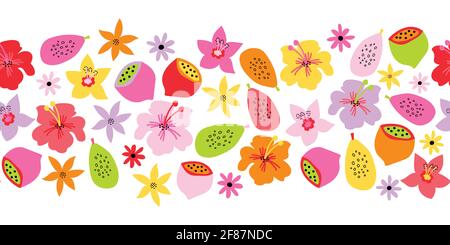 Seamless border summer fruit flower border. Repeating cute floral horizontal kids vector background Scandinavian style. Abstract exotic tropical Stock Vector