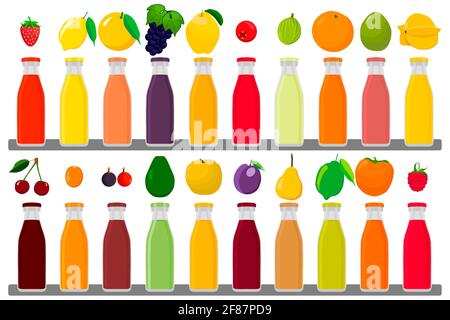 Illustration on theme big kit glass bottles with caps filled liquid multicolored fruit juice. Glass bottles consisting of tasty natural fruit juice. F Stock Vector