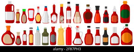 Illustration on theme big kit varied glass bottles filled liquid red wine vinegar. Bottles consisting from red wine vinegar, empty labels for titles. Stock Vector