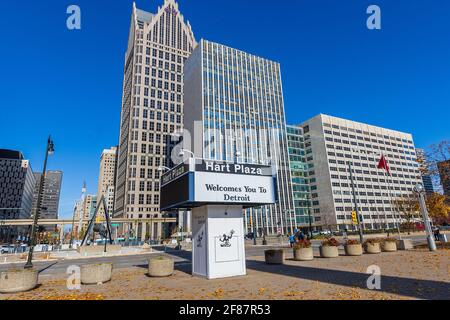 DETROIT, MI, USA - NOVEMBER 10:  Hart Plaza and the Finiancial District on November 10, 2020 in downtown Detroit, Michigan. Stock Photo