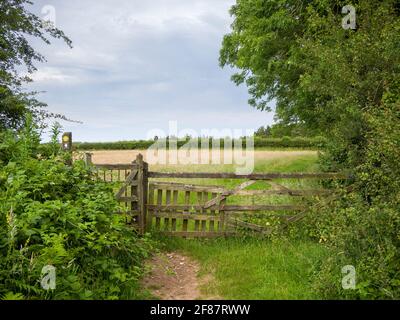 A public footpath on Burrington Ham through an old wooden gate leading to a meadow in the Mendip Hills National Landscape, Somerset, England. Stock Photo