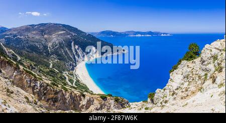 Kefalonia, Greece. Panoramic view over Myrtos beach, Assos. Stock Photo