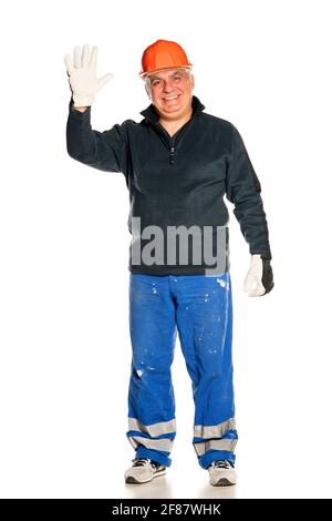 man with protective equipment on white background waving hand Stock Photo