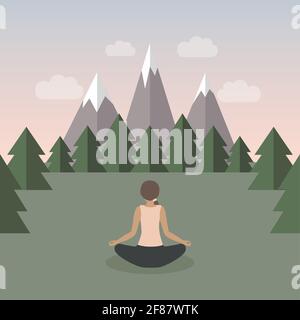 Yoga Meditation Silhouettes On Green Landscape, Vector Background