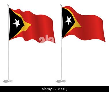 flag East Timor on flagpole waving in wind. Holiday design element. Checkpoint for map symbols. Isolated vector on white background Stock Vector