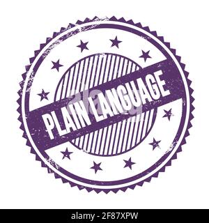 PLAIN LANGUAGE text written on purple indigo grungy zig zag borders round stamp. Stock Photo