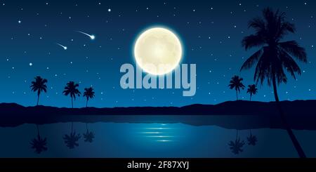beautiful night on tropical landscape with full moon and falling stars Stock Vector