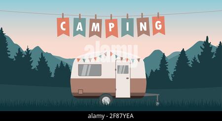 Night mountain camper van illustration drawing design Stock Vector ...