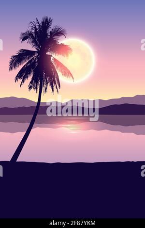 tropical landscape at night holiday banner with palm trees and full moon Stock Vector