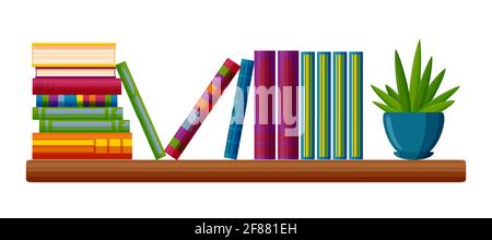 Shelf with book piles. Collection of books and a potted plant in ...