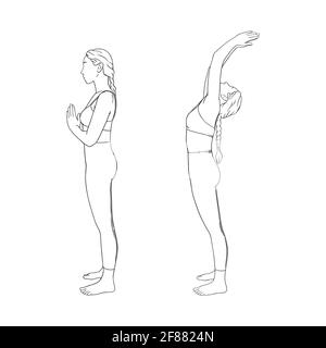 Sun salutating zen yogi woman. Hatha yoga back bend pose. Engraved vector illustration in white background Stock Vector