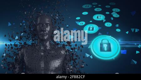 Composition of grey human digital bust over icons with online security padlocks Stock Photo