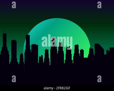 Night cityscape with skyscrapers and a full moon. Mystical moon green color night city view in flat style. Outline of skyscrapers, panorama of the cit Stock Vector