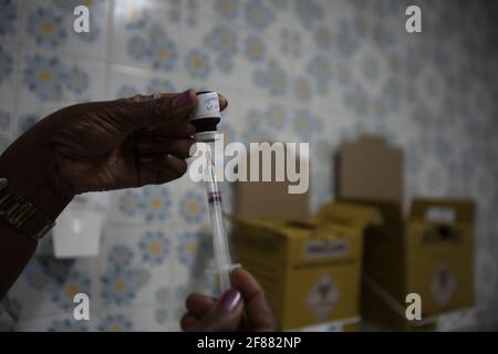 salvador, bahia / brazil - january 14, 2019: nurse's hand holds syringe as H1N1 grip vaccine at a medical clinic in Salvador. *** Local Caption ***  . Stock Photo