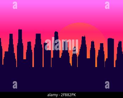 Evening cityscape with skyscrapers. Sunset landscape, city view in a flat style. Contour of skyscrapers, panorama of the city. Vector illustration Stock Vector