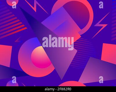 Geometric seamless pattern in 80s style with memphis elements. Gradient shape. Synthwave retro background for printing on paper, advertising materials Stock Vector