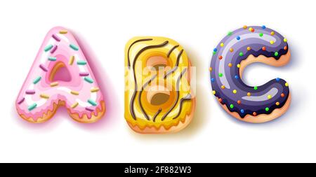 Donut icing upper latters - ABC Font of donuts. Bakery sweet alphabet. Donut alphabet latter ABC isolated on white background, vector illustration Stock Vector