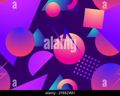 Geometric seamless pattern in 80s style with memphis elements. Gradient shape. Synthwave retro background for printing on paper, advertising materials Stock Vector