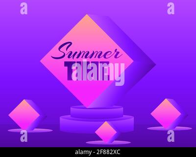 Summer time. 3d 80s style podium with purple gradient. 3D studio stage with podium, exhibition hall pedestal. Synthwave and retrowave style. Vector il Stock Vector