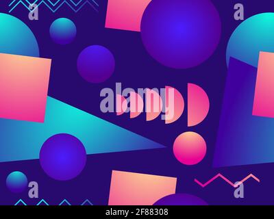 Geometric seamless pattern in 80s style with memphis elements. Gradient shape. Synthwave retro background for printing on paper, advertising materials Stock Vector