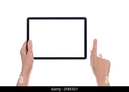 Hands holding a tablet computer with white screen. Woman hands showing empty screen of modern digital tablet. Hand holding tablet pc isolated on white Stock Photo