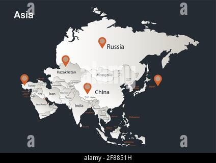 Asia map, Infographics flat design colors snow white with names of individual states vector Stock Vector