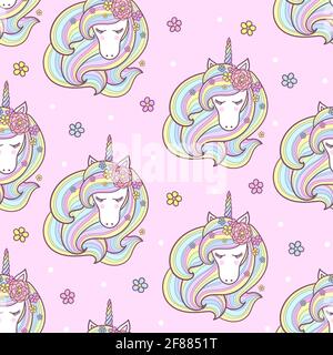 Seamless pattern with a unicorn with a long mane on a pink background. Vector Stock Vector