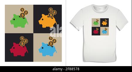 Bitcoin and saving piggy bank, multicolored piggy on a chessboard, cryptocurrent design for t-shirt vector Stock Vector