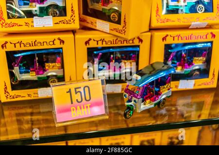 Beautiful colorful Tuk Tuk Souvenirs in Souvenir shop in Bangkok Thailand. Stock Photo