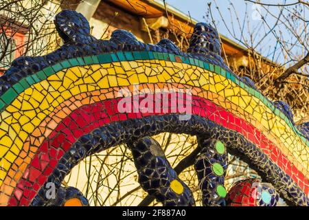 colored mosaic art rainbow background texture decoration old surface architecture ceramic glass Stock Photo