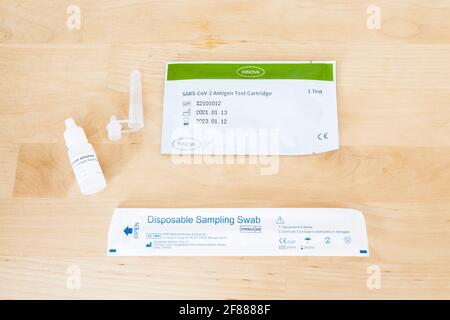 SARS-CoV-2 Antigen Rapid Qualitative Test. Coronavirus Covid-19 lateral flow testing kit for use by healthcare workers and schools etc. Made by Innova Stock Photo