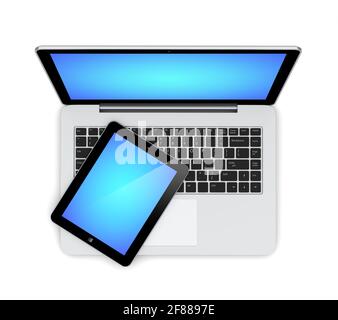 Laptop and tablet pc computer with a blue screen. Technology 3d concept Stock Photo