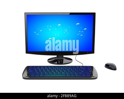 Black desktop pc computer with wide monitor, keyboard and mouse, and a blue screen. 3d rendered image Stock Photo