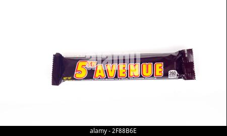 5th Avenue Candy Bar from The Hershey Company with Peanut Butter Crunch and Milk Chocolate in Wrapper isolated on White Stock Photo