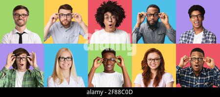 Men and women expressing different emotions wearing specs Stock Photo