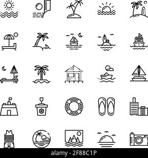 Set of Beach summer season outline sign icons vector isolated on white background Stock Vector