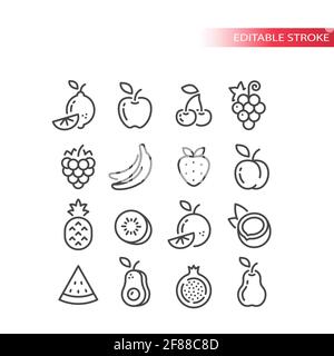 Fruit line vector icon set. Apple, banana, lemon, pineapple outline fruits, editable stroke. Stock Vector