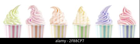 Row of six assorted ice cream flavours in differently styled twirls in colorful striped tubs isolated on white in a panorama banner or header for adve Stock Photo