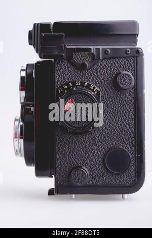 Bilbao, Spain - April 30, 2010: Illustrative editorial photography of a Yashica photo camera, Mat 124g model. An old vintage Japanese TLR type camera Stock Photo