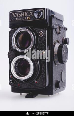 Bilbao, Spain - April 30, 2010: Illustrative editorial photography of a Yashica photo camera, Mat 124g model. An old vintage Japanese TLR type camera Stock Photo
