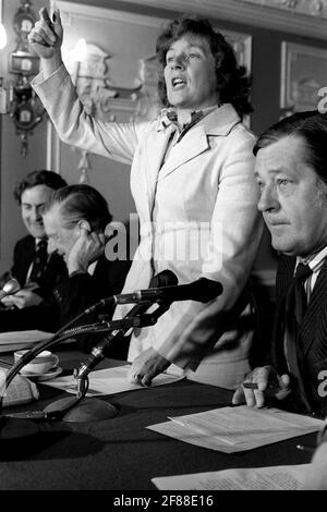 File photo dated 03/06/75 of the then Secretary of State for Prices and Consumer Protection, Shirley Williams, organising the Press by pointing out seats for a Press conference on behalf of the Labour Campaign for Britain in Europe at St Ermin's Hotel, Westminster. The former cabinet minister and Liberal Democrat peer, Baroness Williams of Crosby, has died aged 90, the Liberal Democrats have said. Issue date: Monday April 12, 2021. Stock Photo