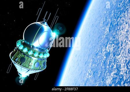 The Vostok spacecraft, was a type of spacecraft built by the Soviet Union. The first human spaceflight by Soviet cosmonaut Yuri Gagarin Stock Photo